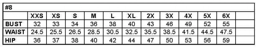 Size chart showing measurements for bust, waist, and hip across sizes XXS to 6X.