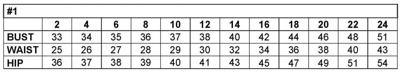 Detailed size chart for bust, waist, and hip measurements in dress sizes 2 to 24.