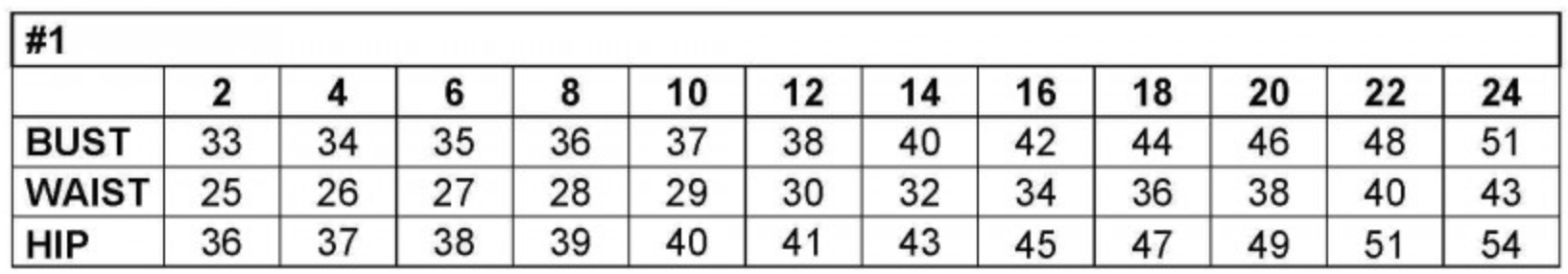 Women's dress size chart showcasing bust, waist, and hip measurements for sizes 2 to 24.