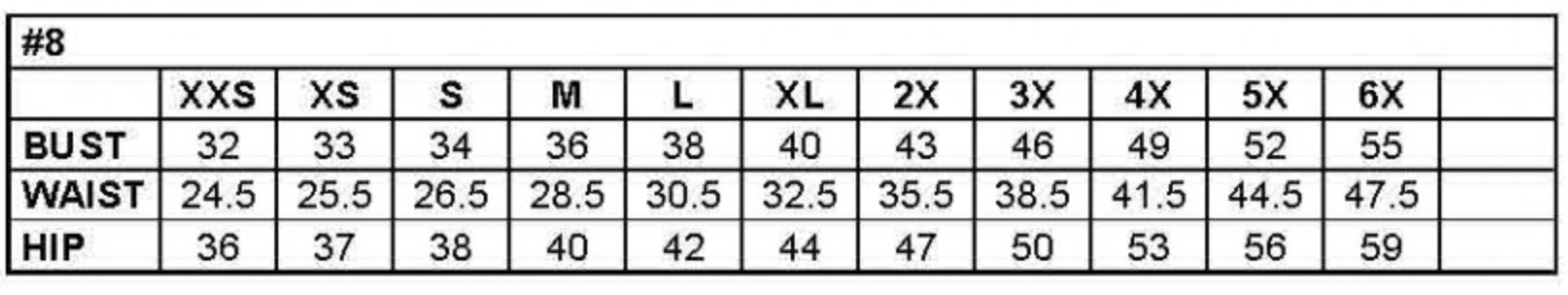 Size chart showing bust, waist, and hip measurements for XXS to 6X, with details from 32 to 55 inches. Clothing size guide.
