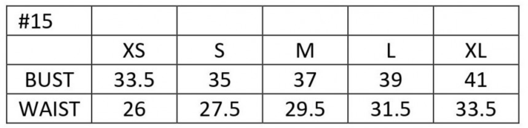 Size chart for dress with bust measurements XS to XL ranging from 33.5 to 41 inches and waist from 26 to 33.5 inches.