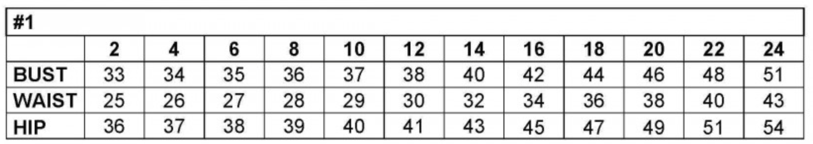 Size chart showing bust, waist, and hip measurements for dress sizes 2 to 24. Includes measurements in inches.