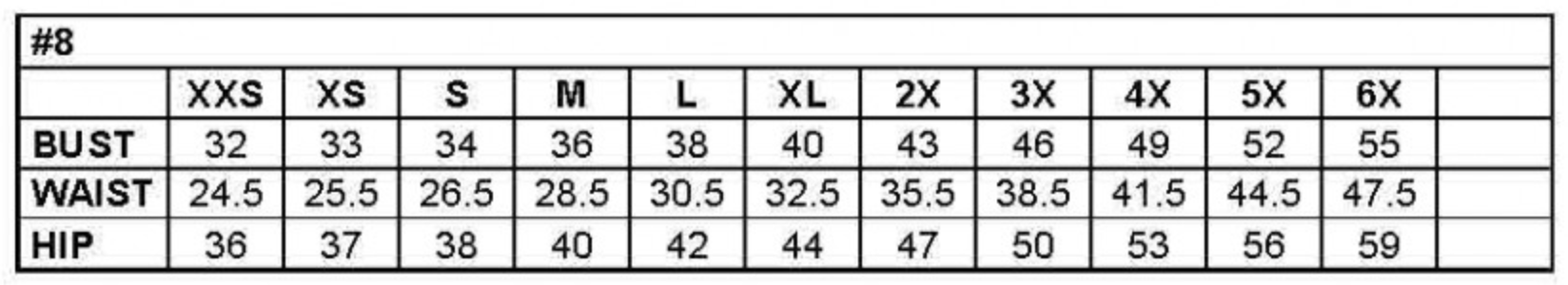 Dress size chart showing bust, waist, and hip measurements for sizes XXS to 6X.
