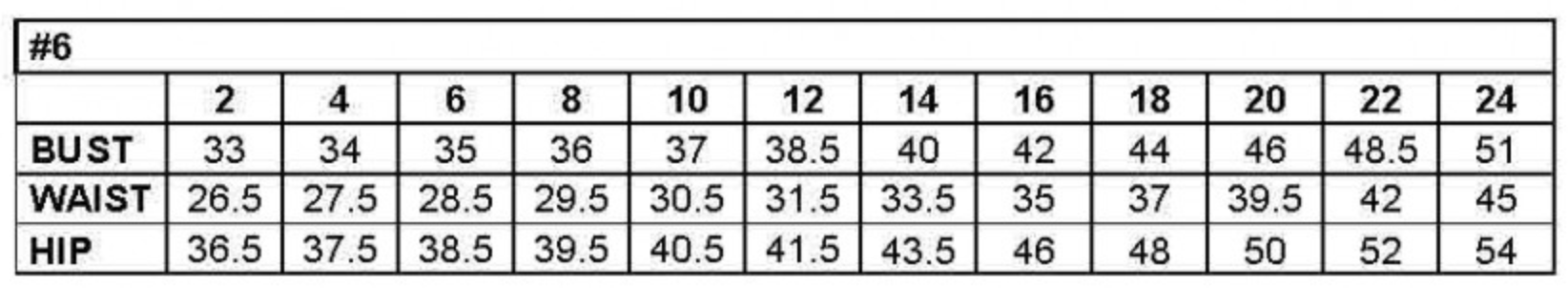 Alt Tag: Size chart for dress with measurements in bust, waist, and hip from size 2 to 24.