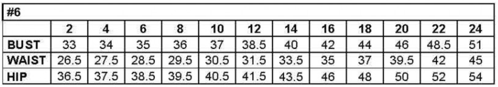 Dress size chart with measurements for bust, waist, and hip across sizes 2 to 24 for accurate fitting.