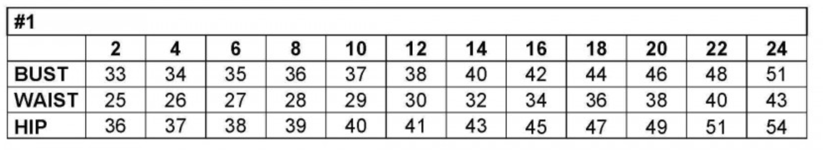 Size chart showing measurements for bust, waist, and hip from size 2 to 24.