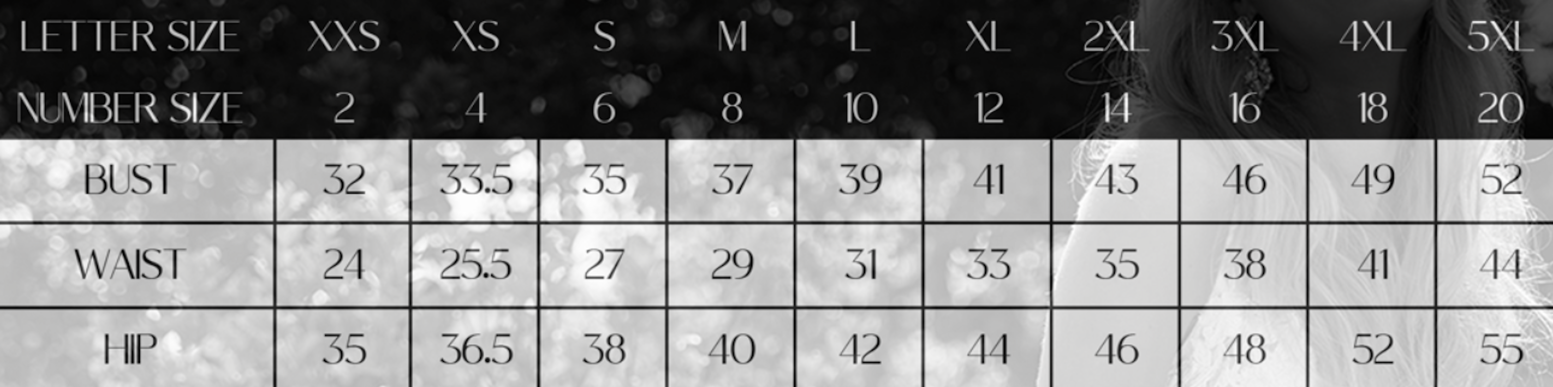 Size chart showing measurements for letter sizes XXS to 5XL, corresponding number sizes 2 to 20, with bust, waist, and hip dimensions.