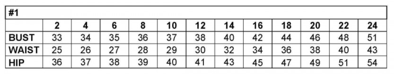 Size chart showing bust, waist, and hip measurements in inches for sizes 2 to 24, ensuring accurate dress fit selection.