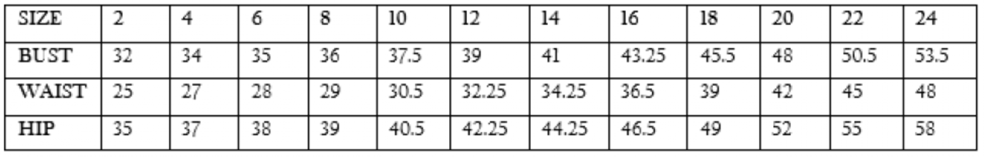 Size chart showing bust, waist, and hip measurements for dress sizes 2 to 24.
