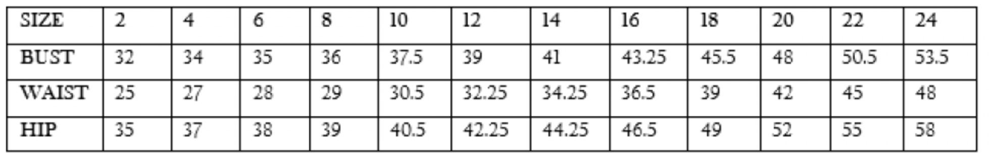 Size chart showing measurements for bust, waist, and hip in sizes 2 to 24 for Honey Couture dresses.