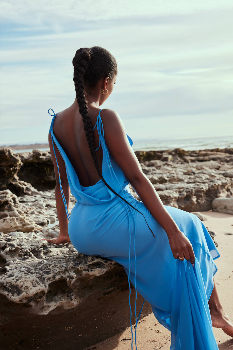 MÉLANI The Label AMALI Ocean Blue Cowl Neck Chiffon Backless Dress