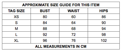 Size guide chart showing measurements in cm for tag sizes XS, S, M, L, XL, including bust, waist, and hips.