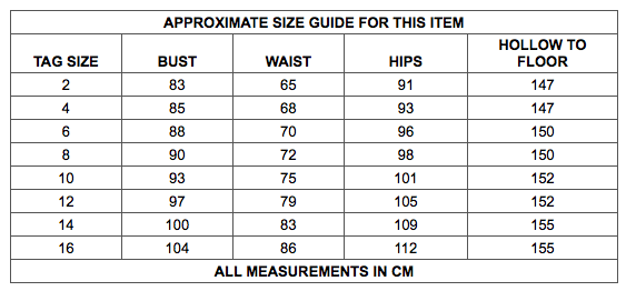 Approximate size guide chart with measurements in cm for bust, waist, hips, and hollow to floor for tag sizes 2 to 16.
