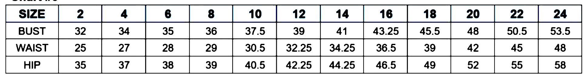 Size chart for dress, detailing measurements for bust, waist, and hip across various sizes from 2 to 24.