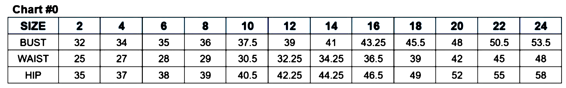 Size chart showing measurements for bust, waist, and hip, ranging from sizes 2 to 24.