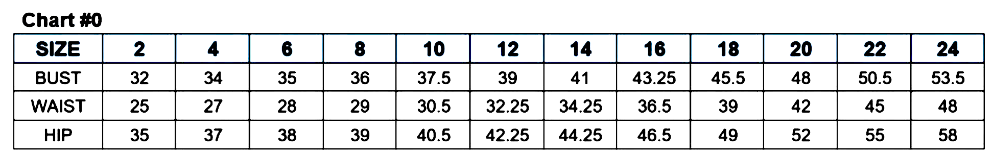 Size chart showing bust, waist, and hip measurements for sizes 2 to 24.