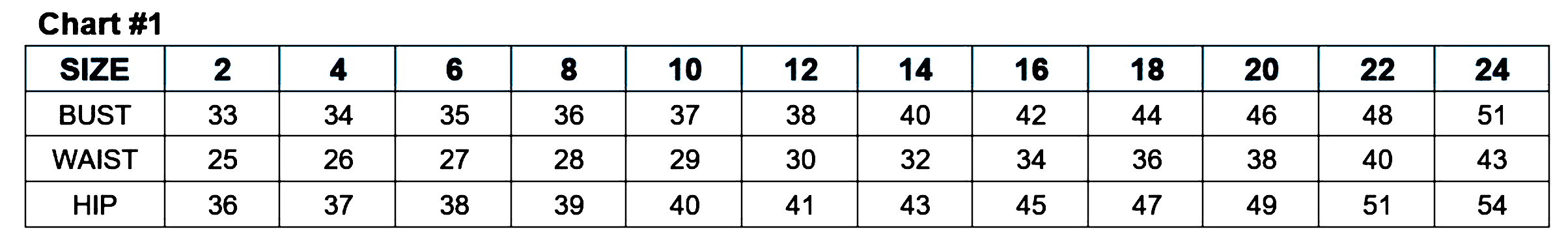 Clothing size chart showing bust, waist, and hip measurements for sizes 2 to 24.