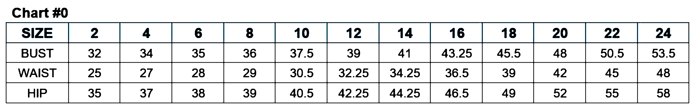 Size chart showing measurements for bust, waist, and hip from size 2 to 24 for wedding dresses.