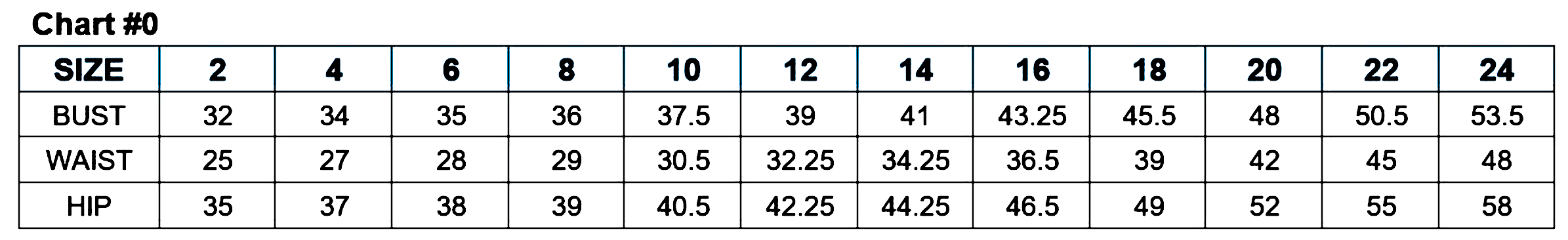 Size chart displaying bust, waist, and hip measurements for sizes 2 to 24.