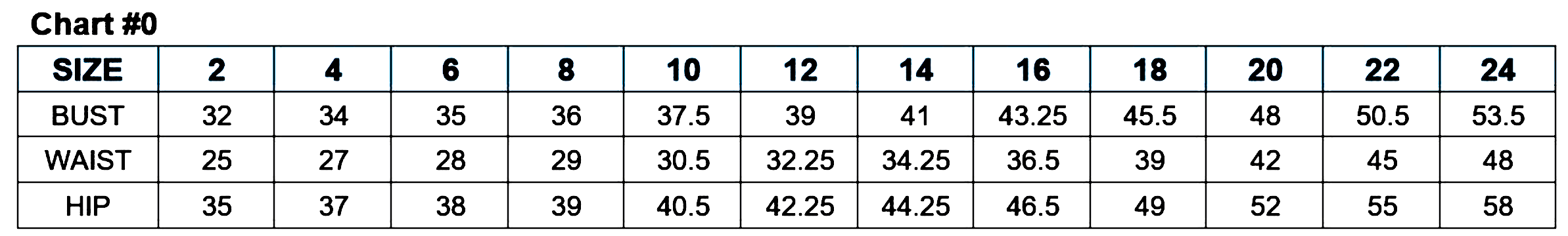 Detailed size chart for women's clothing, showing bust, waist, and hip measurements for sizes 2 to 24.