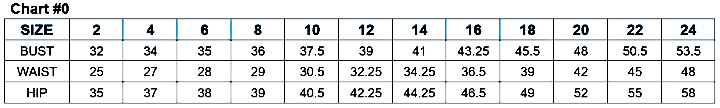 Sizing chart for women's dresses, showing bust, waist, and hip measurements for sizes 2 to 24.