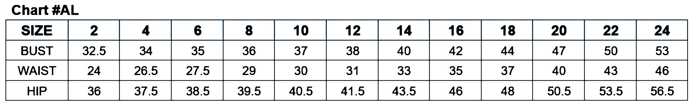 Dress size chart with measurements for bust, waist, and hip in sizes 2 to 24, featuring values for each size.