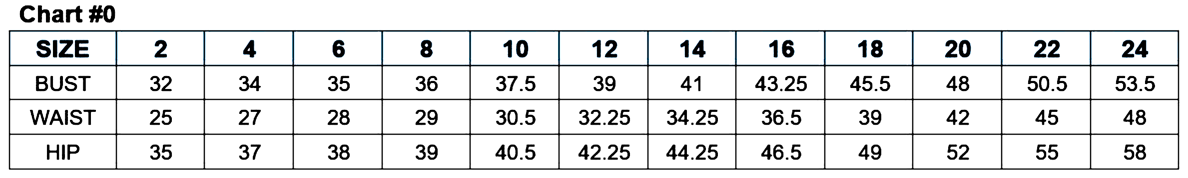 Size chart for women's clothing, displaying bust, waist, and hip measurements for sizes 2 to 24.