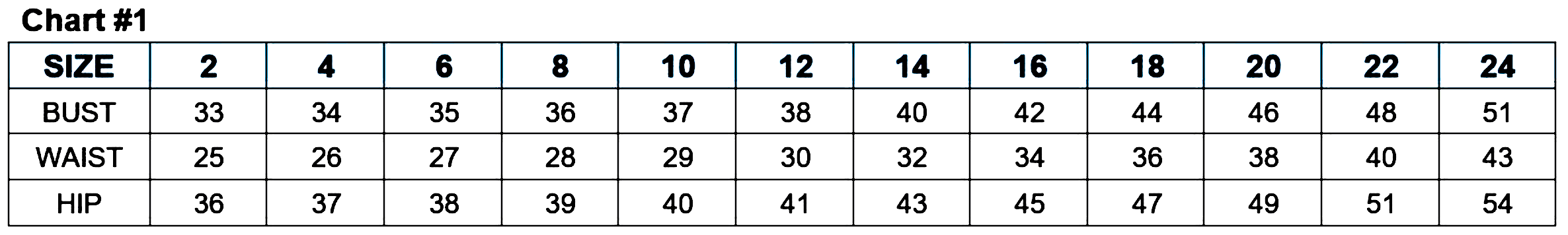 Clothing size chart showing measurements for bust, waist, and hip in sizes 2 to 24.