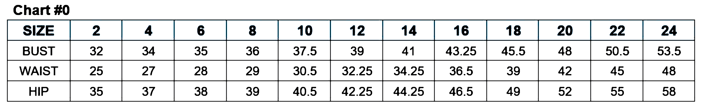 Size chart showing bust, waist, and hip measurements for sizes 2 to 24.