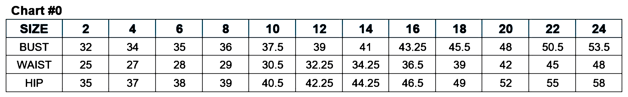 Dress size chart showing bust, waist, and hip measurements for sizes 2 to 24.