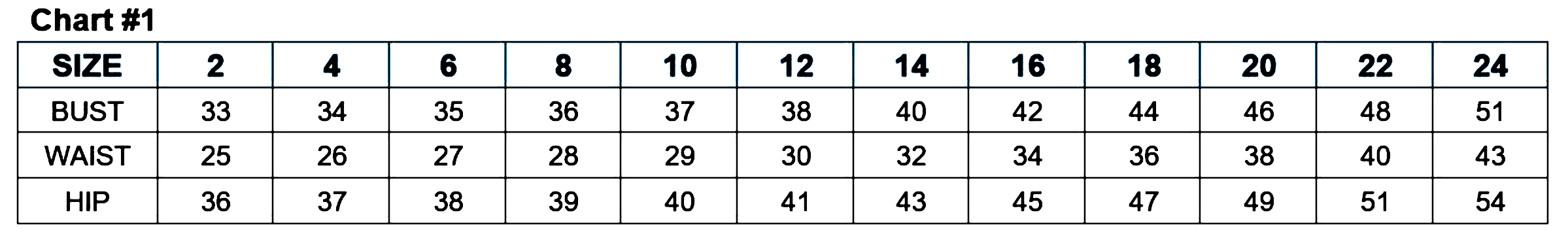 Size chart for wedding dress bust, waist, and hip measurements from size 2 to 24.