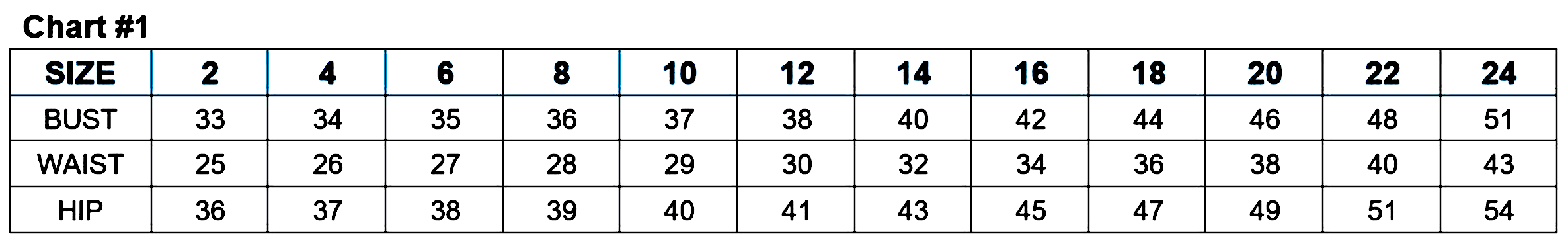 Size chart showing bust, waist, and hip measurements for dress sizes 2 to 24.