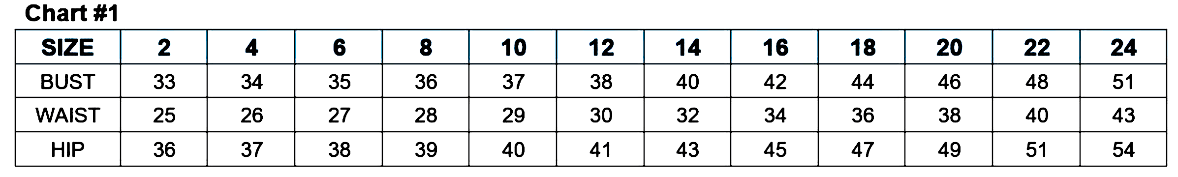 Size chart showing measurements for bust, waist, and hip in sizes 2 to 24.