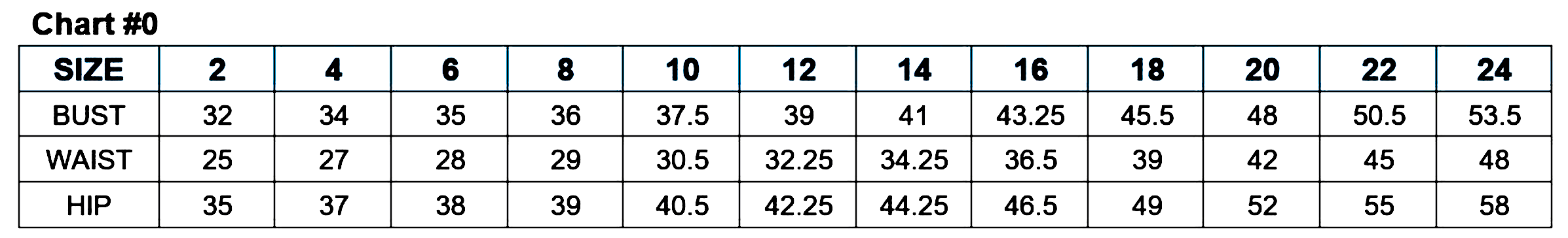 Size chart showing measurements for sizes 2-24 including bust, waist, and hip in inches for a women's clothing collection.