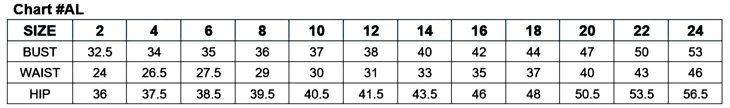 Size chart for dresses, showing bust, waist, and hip measurements from size 2 to 24.