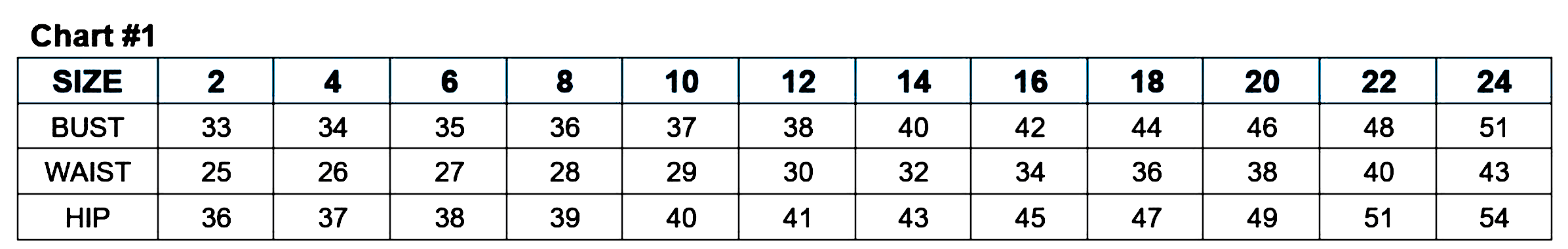 Women's dress size chart showing bust, waist, and hip measurements for sizes 2 to 24 in inches.