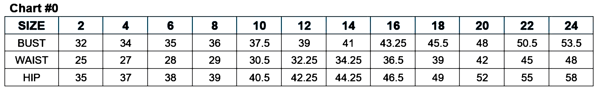 Sizing chart showing measurements for sizes 2 to 24, including bust, waist, and hip in inches.