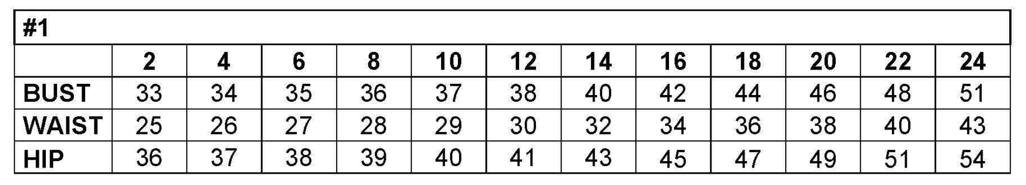 Size chart for dresses showing measurements for bust, waist, and hip in sizes 2 to 24.