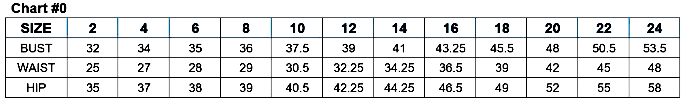 Clothing size chart including bust, waist, and hip measurements for sizes 2 to 24, showing detailed sizing information.