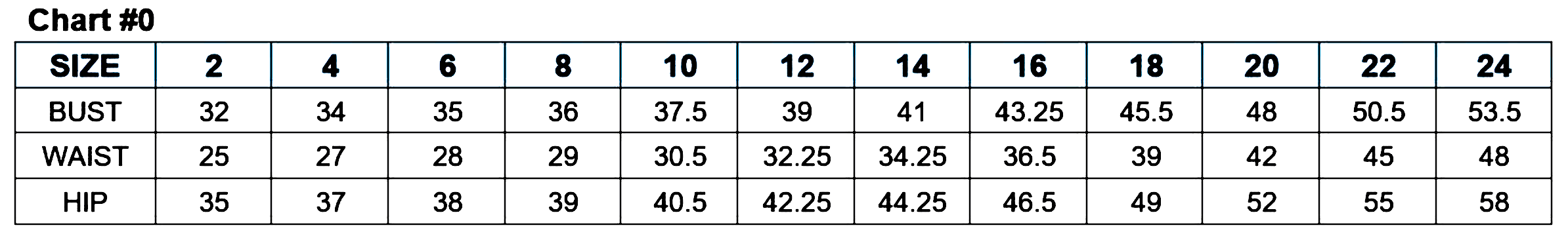 Size chart for women's clothing showing bust, waist, and hip measurements for sizes 2 to 24.