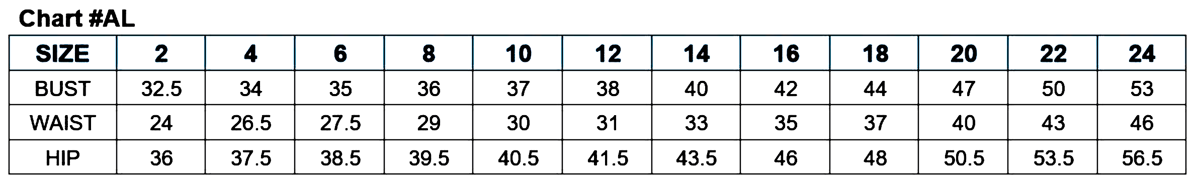Size chart for women's clothing showing bust, waist, and hip measurements for sizes 2 to 24.