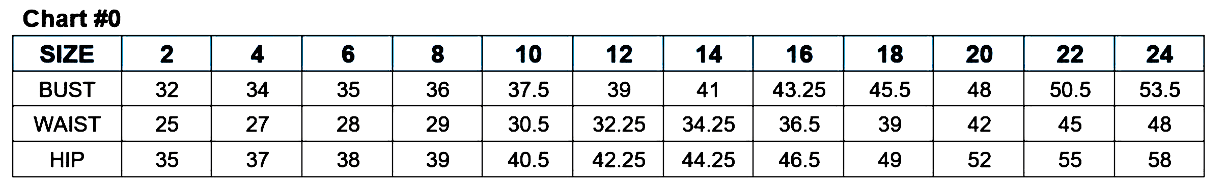 Dress size chart showing measurements for bust, waist, and hip from size 2 to 24.
