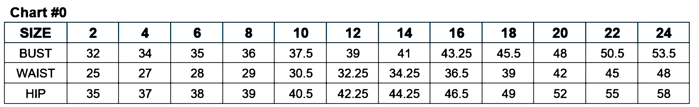 Size chart for bust, waist, and hip measurements from sizes 2 to 24, detailing numeric measurements for precise fitting.