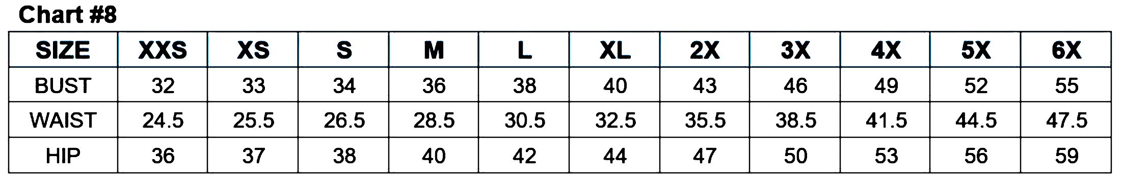 Size chart showing bust, waist, and hip measurements from XXS to 6X for clothing items. Measurements detail inch sizes for each category.