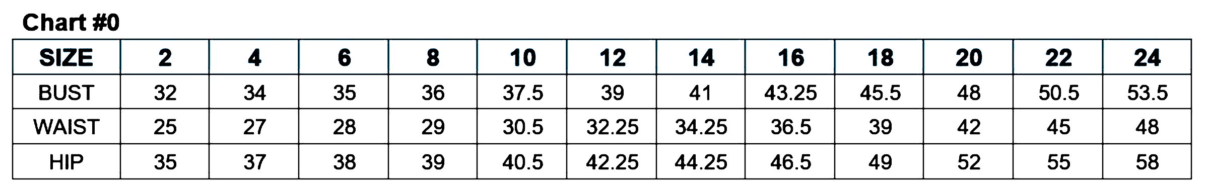 SIZING CHART with bust, waist, and hip measurements for sizes 2 to 24, detailing specific dimensions for formal dress fittings.