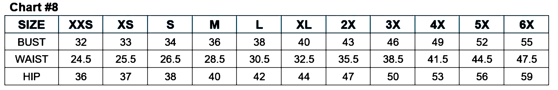 Size chart showing bust, waist, and hip measurements for sizes XXS to 6X.
