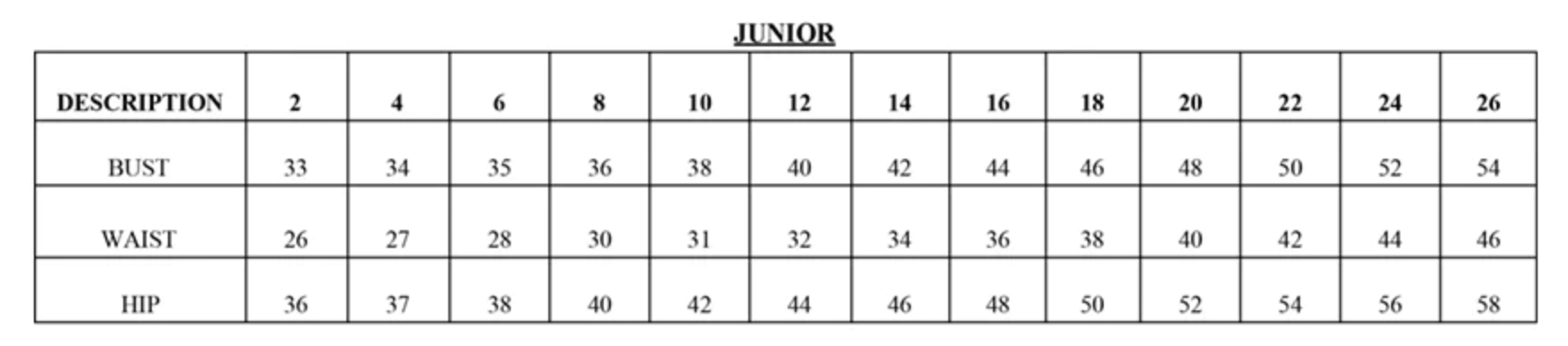 Junior size chart for dresses showing bust, waist, and hip measurements from size 2 to 26.