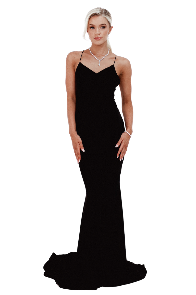 SHANIA Silk Jersey Cowl Neck Bridesmaid Dress features a criss-cross back and mermaid silhouette, perfect for elegant events. Brisbane to Gold Coast