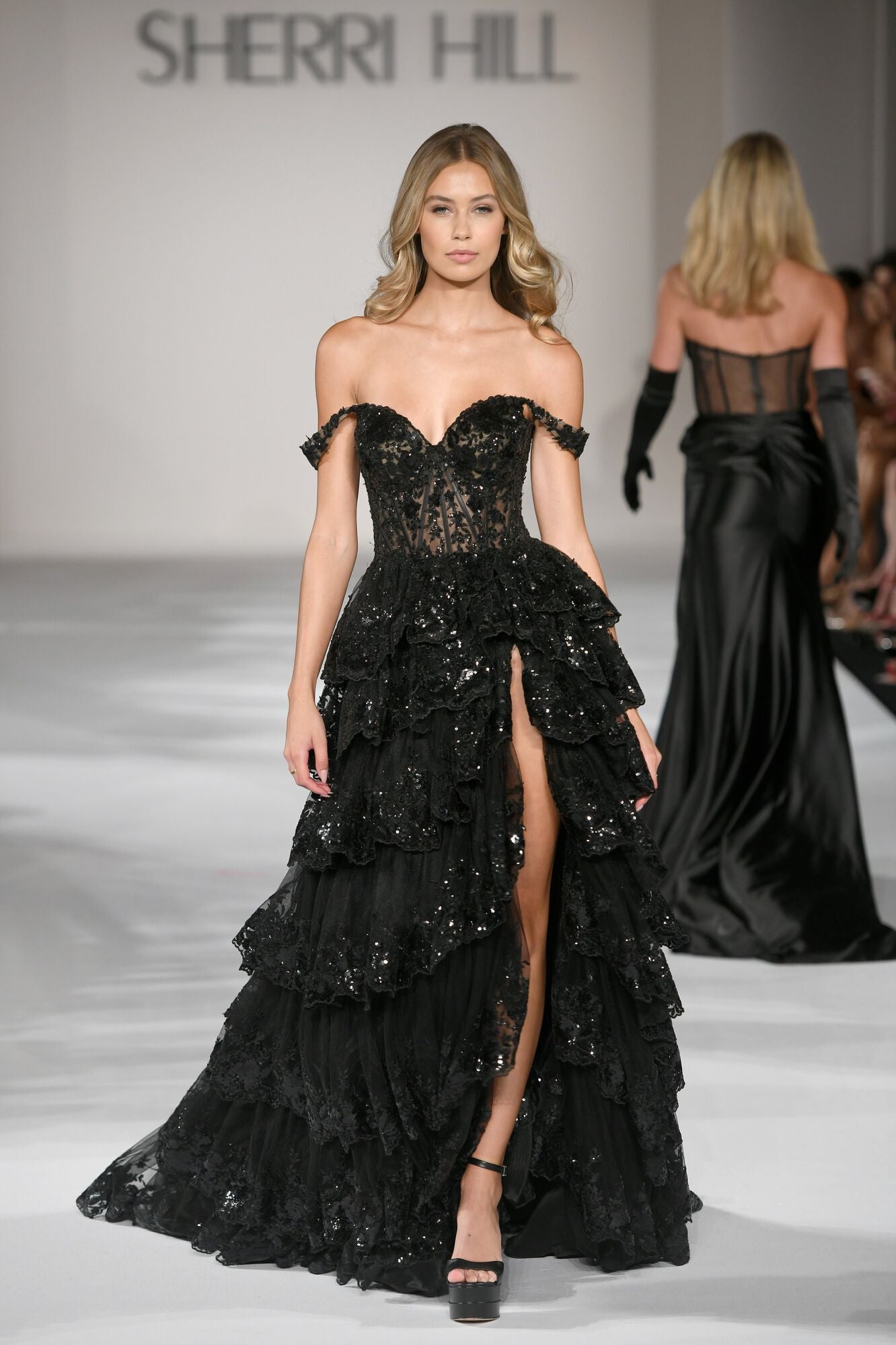 Sherri Hill 55500 Black Off the Shoulder Sheer Corset A Line Formal Dress