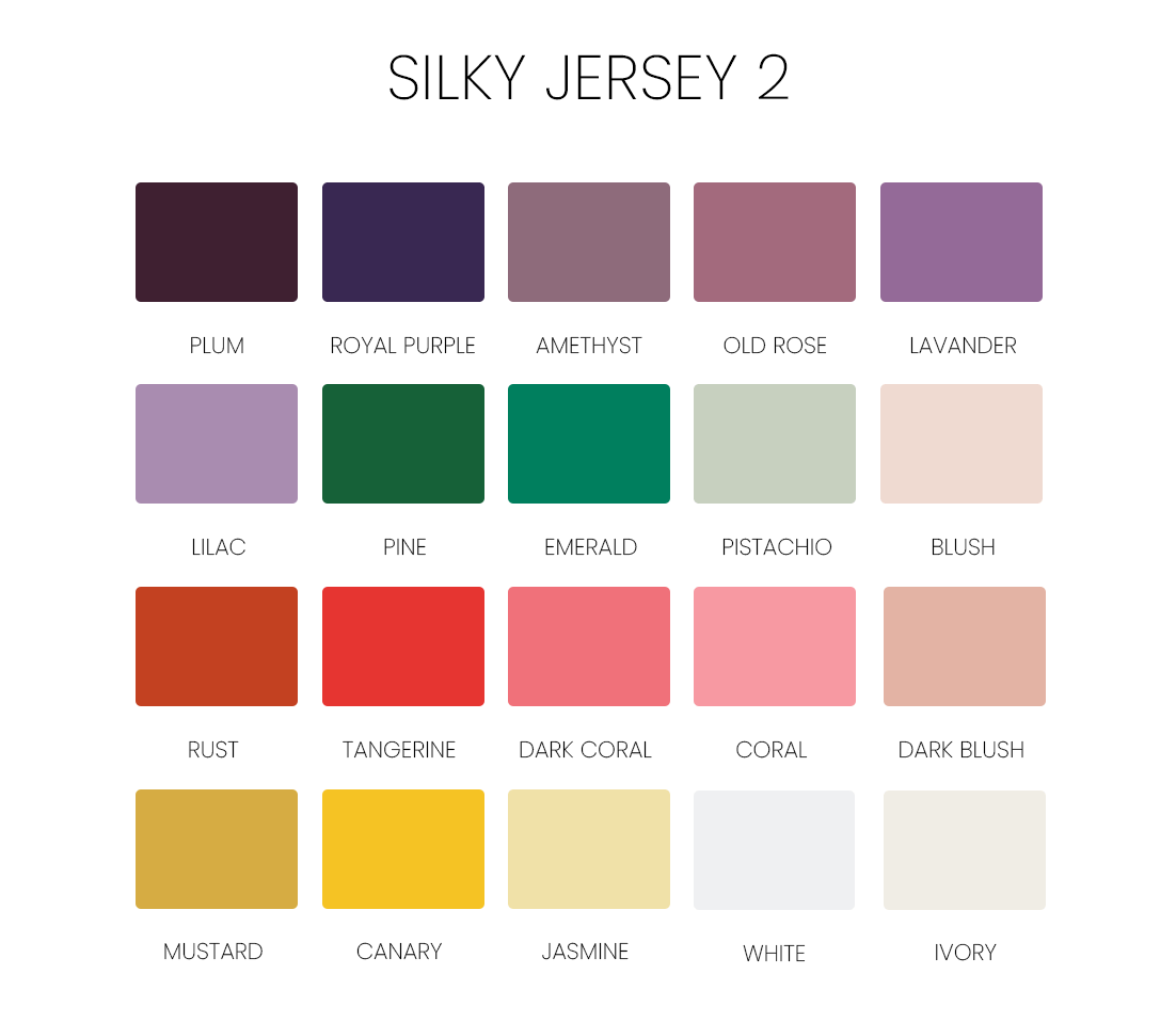 Silky Jersey fabric color swatches, including plum, royal purple, emerald, rust, and ivory. Fabric selection for versatile designs.